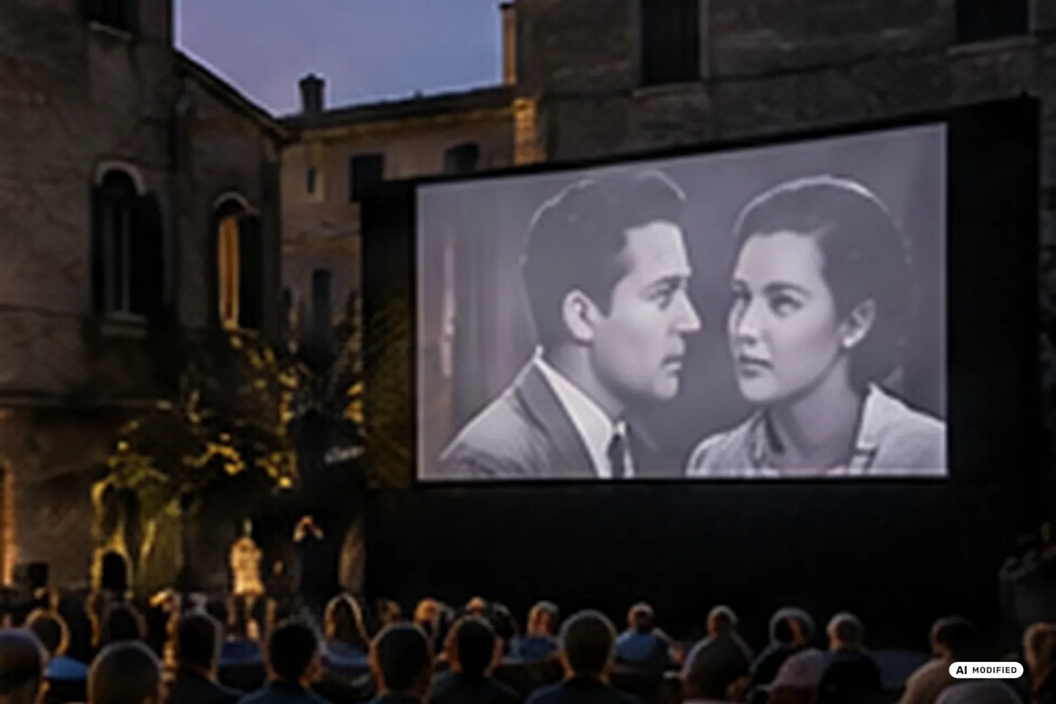 Scena illustrativa di cinema all’aperto generata con AI, non fotografia della mostra