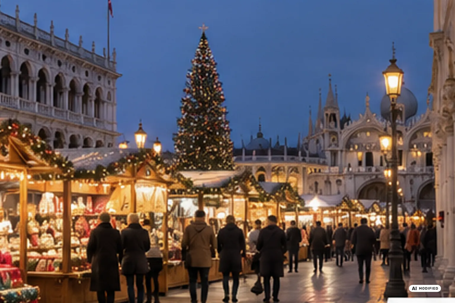Rappresentazione illustrativa di un mercatino natalizio veneziano generata con AI