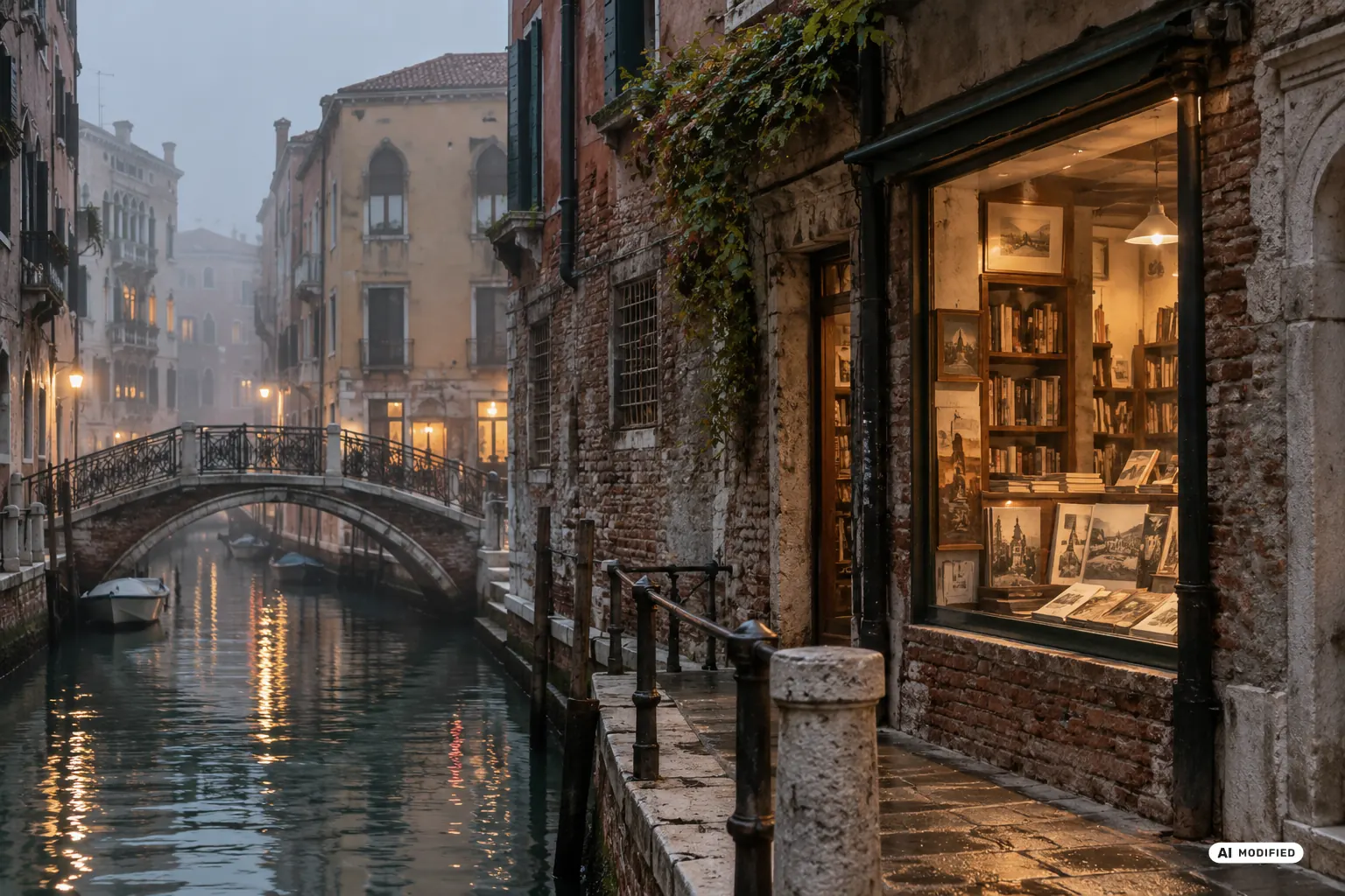 Scorcio immaginato di un canale di Venezia all’imbrunire, immagine illustrativa generata con AI