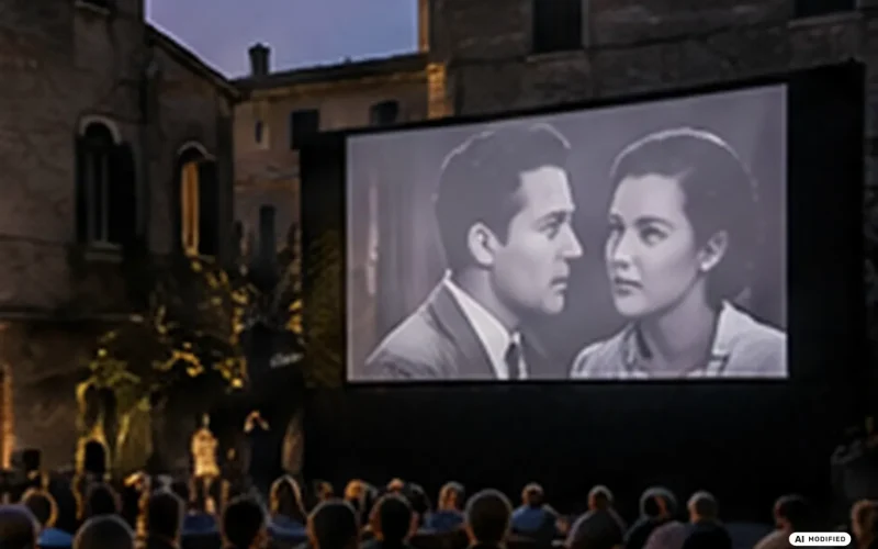 Scena illustrativa di cinema all’aperto generata con AI, non fotografia della mostra