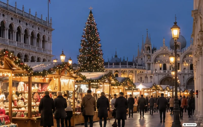 Rappresentazione illustrativa di un mercatino natalizio veneziano generata con AI