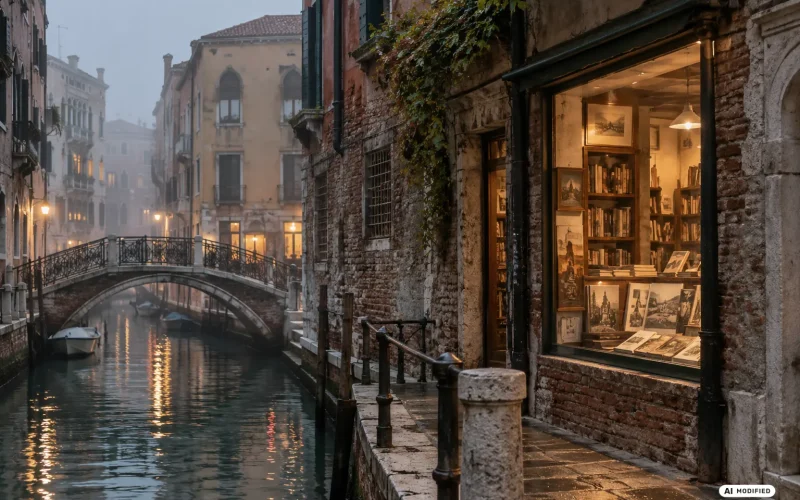 Scorcio immaginato di un canale di Venezia all’imbrunire, immagine illustrativa generata con AI